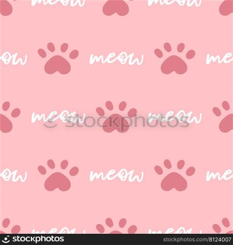 Pink and white cat seamless pattern. Meow and cat paws background vector illustration. Cute cartoon pastel character for nursery girl baby print.