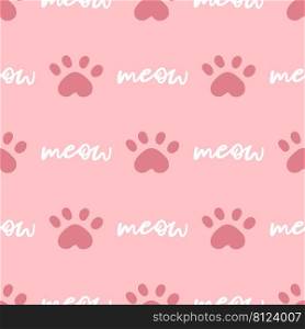 Pink and white cat seamless pattern. Meow and cat paws background vector illustration. Cute cartoon pastel character for nursery girl baby print.