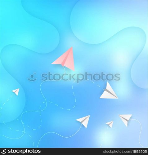 Pink and white paper plane on blue sky background. Business concepts. Vector illustration