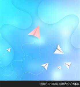 Pink and white paper plane on blue sky background. Business concepts. Vector illustration