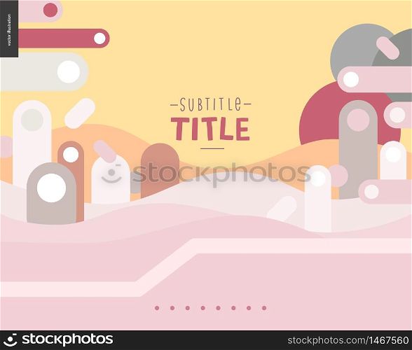 Pink and yellow landscape template design mockup vector banner - rounded colorful shapes abstract scenery on pink and yellow background accompanied with a title, and text templates. Pink and yellow design landscape template