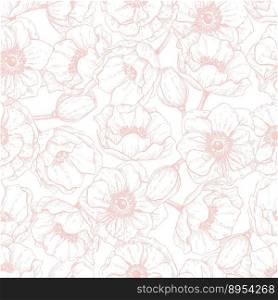 Pink anemone seamless pattern hand drawn vector image
