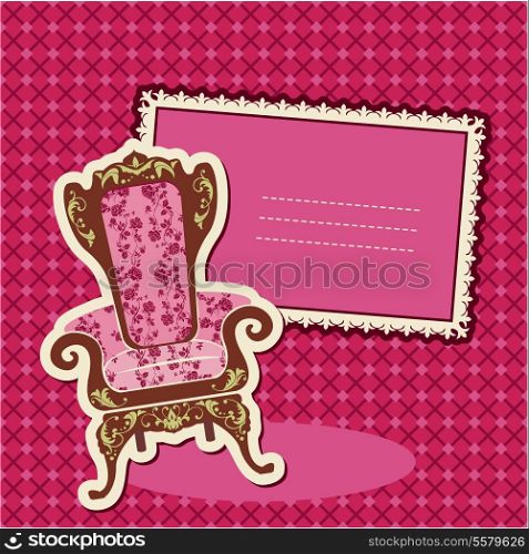 Pink Armchair and picture on checked background - card with empty space for your text