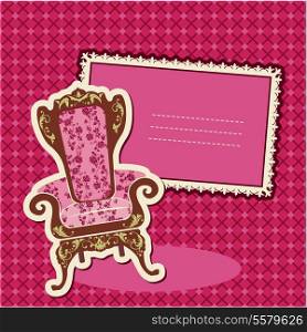 Pink Armchair and picture on checked background - card with empty space for your text