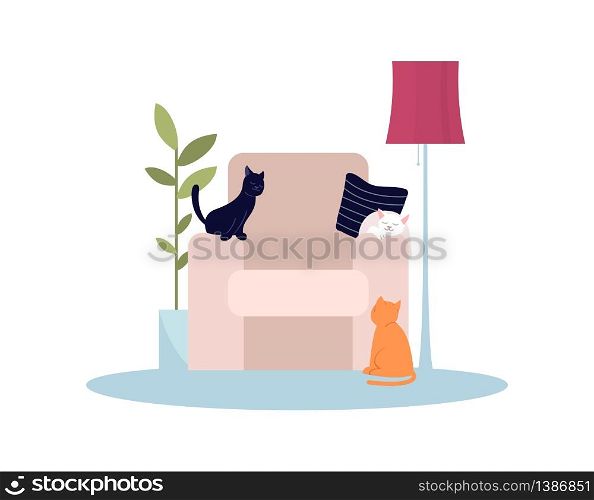 Pink armchair with cats semi flat RGB color vector illustration. Chair with pets. House comfortable couch for living room. Cozy home furniture isolated cartoon object on white background. Pink armchair with cats semi flat RGB color vector illustration