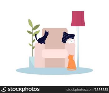 Pink armchair with cats semi flat RGB color vector illustration. Chair with pets. House comfortable couch for living room. Cozy home furniture isolated cartoon object on white background. Pink armchair with cats semi flat RGB color vector illustration
