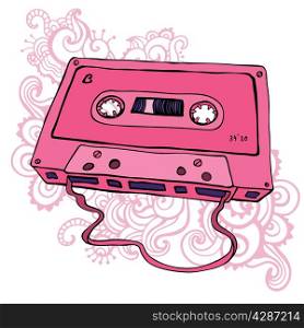 Pink Audio cassette. Oldschool Vector illustration. Retro cassette tape.