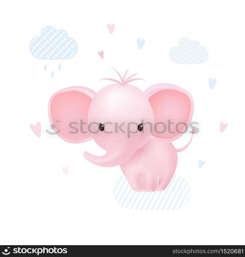 Pink baby girl elephant happy with hearts and clouds. Cartoon vector illustration.. Pink baby girl elephant happy with hearts and clouds.