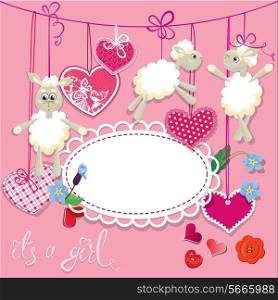 Pink baby shower card with sheep and hearts - design for girls. Birthday Invitation with handwritten text It`s a girl.