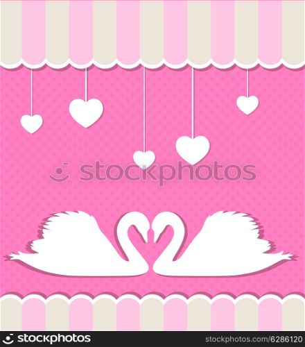 Pink background with two white swans and hearts