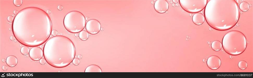 Pink background with water drops, horizontal backdrop with scatter spherical aqua bubbles, wet liquid texture. Template for beauty product, skincare cosmetic production Realistic 3d vector ads design. Pink background with water drops, vector template