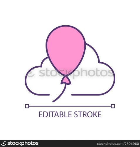 Pink balloon with cloud RGB color icon. Children party. Powerful imagination. Following dreams and passions. Isolated vector illustration. Simple filled line drawing. Editable stroke. Arial font used. Pink balloon with cloud RGB color icon