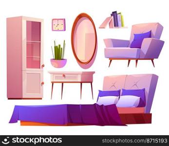 Pink bedroom interior set with purple decor. Room collection of modern furniture, mirror, bed, armchair, table and cupboard. Feminine design for girl, hotel suit apartment. Cartoon vector illustration. Pink bedroom furniture set, purple decor room
