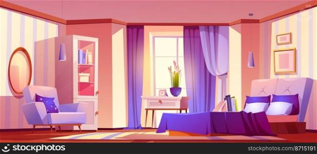 Pink bedroom interior with purple decor. Empty room with modern furniture, mirror, bed, armchair, table and cupboard. Feminine design for girl, hotel suit, apartment. Cartoon vector illustration. Pink bedroom interior with purple decor empty room