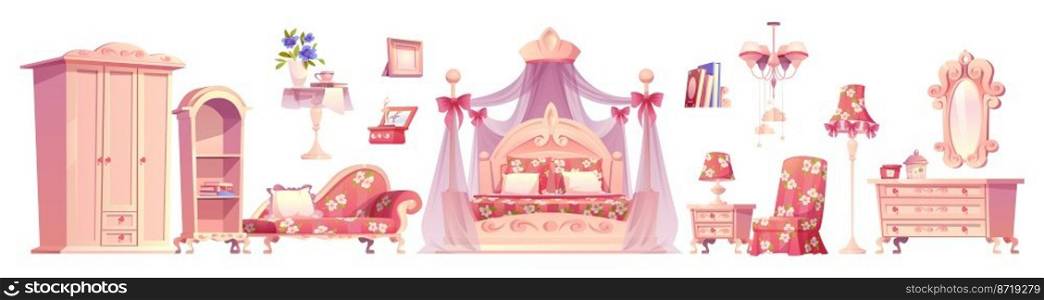 Pink bedroom, princess room furniture. Luxury interior elements, romantic vintage bed with canopy, floor l&, wardrobe, mirror, table and armchair with chest of drawers, isolated cartoon vector set. Pink bedroom, princess room furniture vector set
