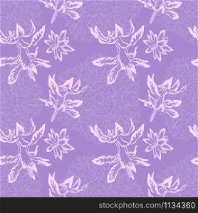 Pink blooming Christmas cactus flowers on the purple doodles background vector seamless pattern