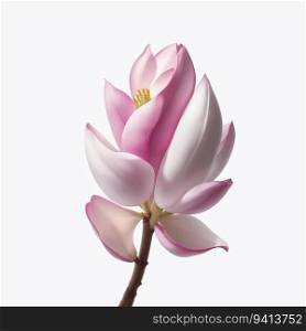 Pink blooming magnolia tree elements design. Bloom flowers branch on white, magnolia tree blossom, pink petals, buds. Vector illustration. Magnolia. Realistic pink flower isolated on white background. Vector illustration