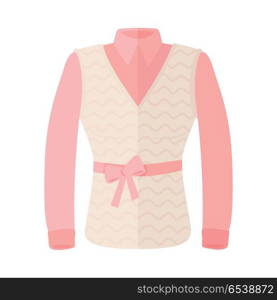 Pink blouse with sleeveless and bow on belt. Women everyday clothing in casual style flat vector illustration isolated on white background. For clothing store ad, fashion concept, app button, web . Woman Blouse With Warm Sleeveless And Bow On Belt. Woman Blouse With Warm Sleeveless And Bow On Belt