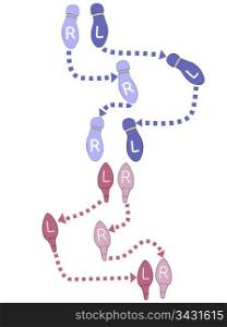 Pink & blue footprints instruct man and woman dancers in the steps of a ballroom dance.
