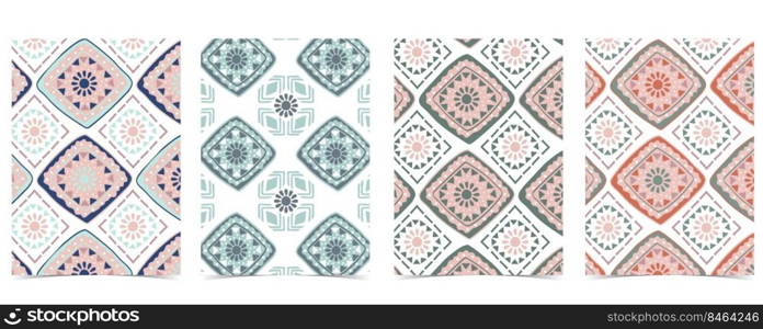 Pink blue geometric seamless pattern in boho style with square,tribal and circle