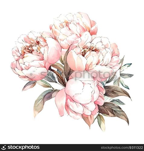 Pink bouquet of peonies watercolor on white background. Abstract colorful. Floral decor. Vintage illustration for print design.