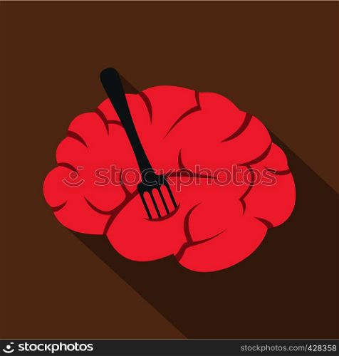 Pink brain with fork icon. Flat illustration of pink brain with fork vector icon for web isolated on coffee background. Pink brain with fork icon, flat style