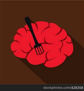 Pink brain with fork icon. Flat illustration of pink brain with fork vector icon for web isolated on coffee background. Pink brain with fork icon, flat style