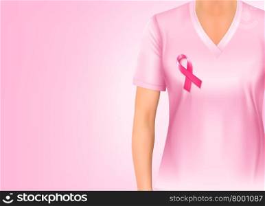 Pink breast cancer awareness shirt and ribbon. Vector.