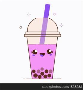 Pink bubble milk tea ads with delicious tapioca black pearls. Cute bubble tea kawaii smiled character. Taiwanese famous and popular drink Boba. Cartoon flat vector icon isolated on white white background. Pink bubble milk tea ads with delicious tapioca black pearls. Cute bubble tea kawaii smiled character. Taiwanese famous and popular drink Boba. Cartoon flat vector icon.