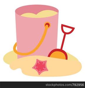 Pink bucket in sand, illustration, vector on white background.