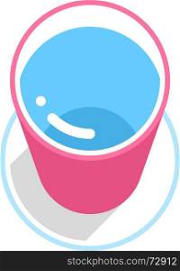 Pink bucket with clean water. Pink bucket with clean water with gray long shadow on circle icon with blue stroke on white background in 3d flat style. This is graphic design element save in vector illustration 8 eps