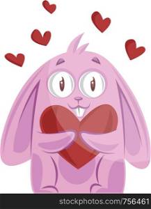 Pink bunny holding a heart vector illustration on white background.