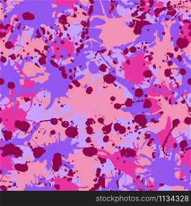 Pink, burgundy, lilac, purple artistic ink paint splashes camouflage seamless vector pattern