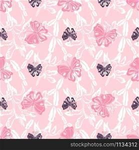 Pink butterfly and white blooming Christmas cactus silhouette vector seamless pattern