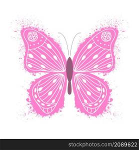 Pink butterfly with hand drawn pattern in white background.