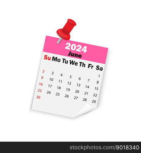 Pink calendar 2024 June on pin. Vector illustration. EPS 10.. Pink calendar 2024 June on pin. Vector illustration.