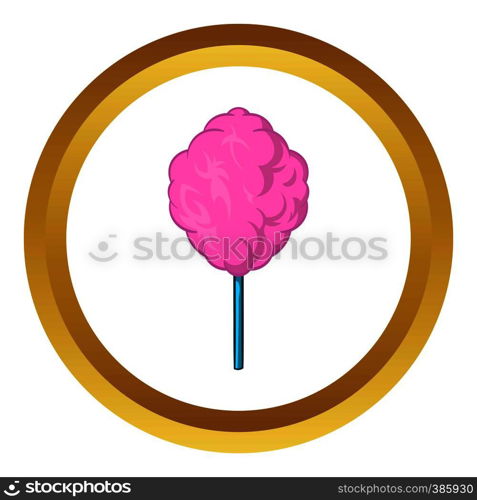 Pink candy floss vector icon in golden circle, cartoon style isolated on white background. Pink candy floss vector icon, cartoon style