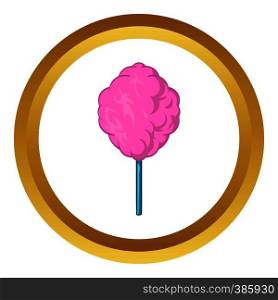 Pink candy floss vector icon in golden circle, cartoon style isolated on white background. Pink candy floss vector icon, cartoon style