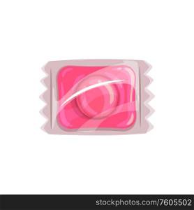 Pink caramel candy in transparent wrapper isolated confectionery food. Vector sweets snack. Caramel candy in transparent wrapping isolated