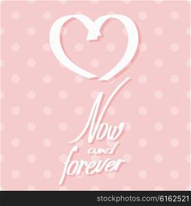 Pink card with heart and inscription. Vector illustration