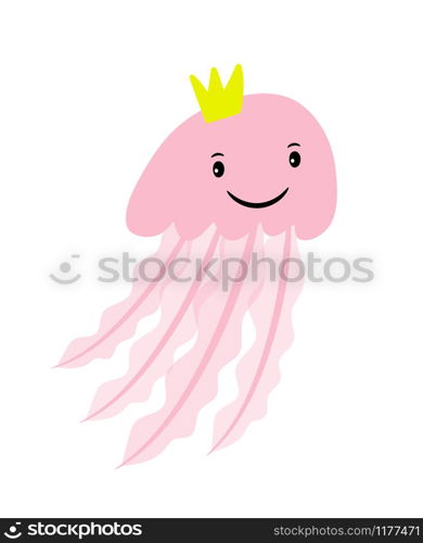 Pink cartoon jellyfish with crown cartoon icon, isolated on white. vector illustration. Pink cartoon jellyfish