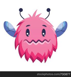 Pink cartoon monster with blue wings looking insecure white background vector illustration.