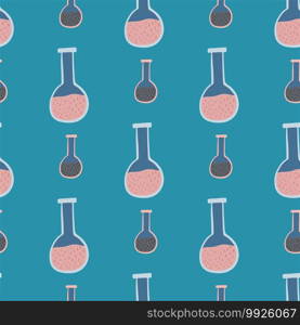 Pink cartoon seamless pattern with flask element. Turquoise background. Laboratory college print. Great for fabric design, textile print, wrapping, cover. Vector illustration.. Pink cartoon seamless pattern with flask element. Turquoise background. Laboratory college print.