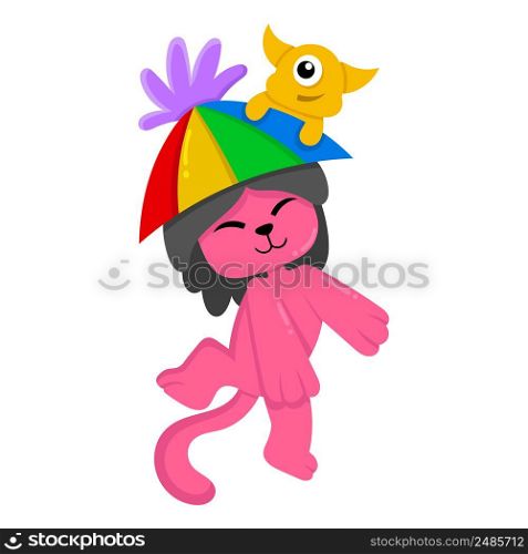 pink cat is wearing an umbrella when it rains