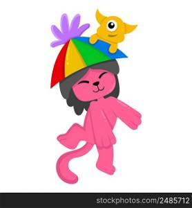 pink cat is wearing an umbrella when it rains