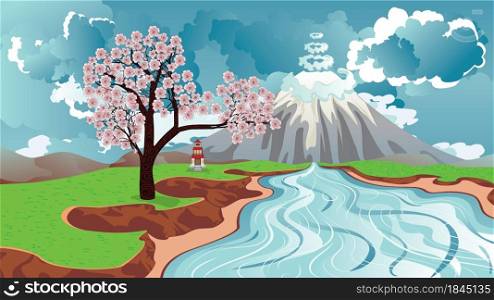 Pink cherry blossom, sakura blooming tree, volcano and river landscape illustration