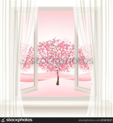 Pink cherry blossom tree view from a window. Vector.