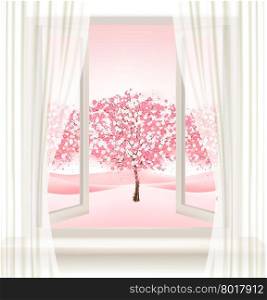 Pink cherry blossom tree view from a window. Vector.