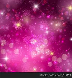 Pink Christmas background with bokeh lights, snowflakes and stars