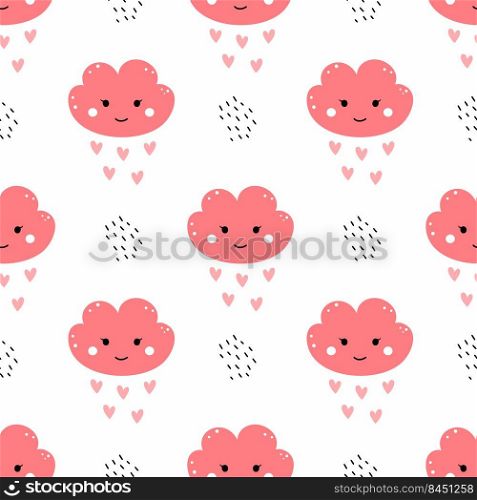Pink cloud with smile. Seamless pattern for sewing clothes. Printing on fabric and wrapping paper. Wallpaper in nursery. Fabric for girl.